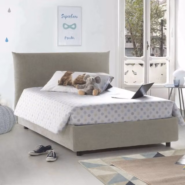 Letto Arpaise Talamo Italia con Materasso Incluso, Rivestimento in Tessuto Beige, Base con Contenitore a Alzata, L/P/H: 120 x 200 cm – 1