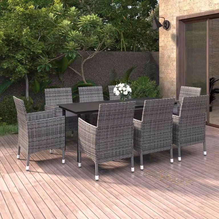 Set da pranzo da giardino vidaXL in polyrattan e vetro con 9 cuscini, grigio e nero