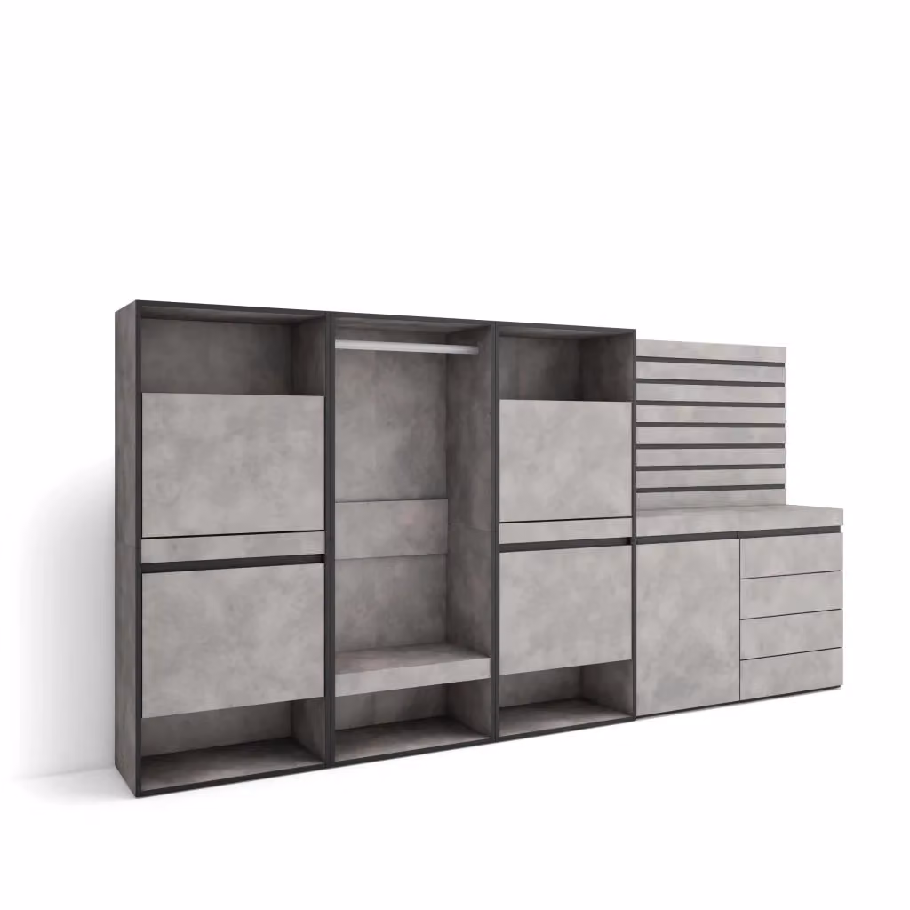 Armadio Aperto con Cassettiera e Scarpiera Skraut Home, Grigio e Nero, L: 287 cm, P: 35 cm, H: 145 cm – 2