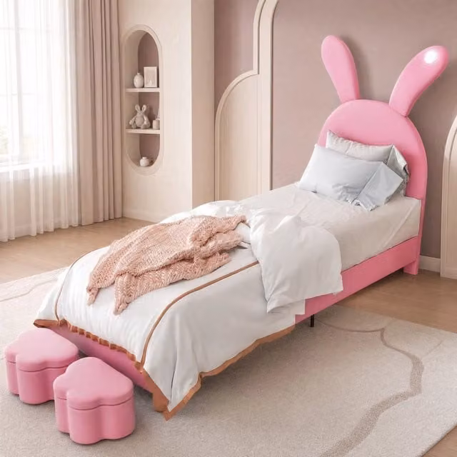 Letto imbottito 90x200 cm con 2 panche contenitore; LED e orecchie pieghevoli; velluto rosa