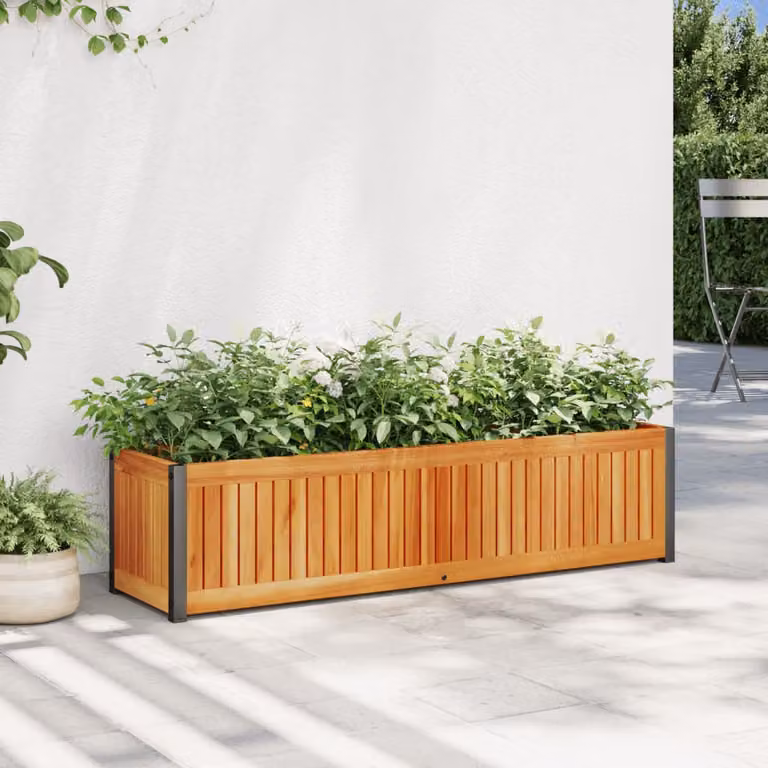 Fioriera da giardino vidaXL in legno di acacia e acciaio, colore marrone, L 110 cm x P 30 cm x H 27,5 cm