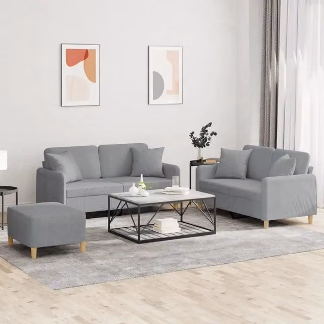 Set di divani da soggiorno 3 pezzi vidaXL in tessuto grigio con cuscini e struttura moderna – 1