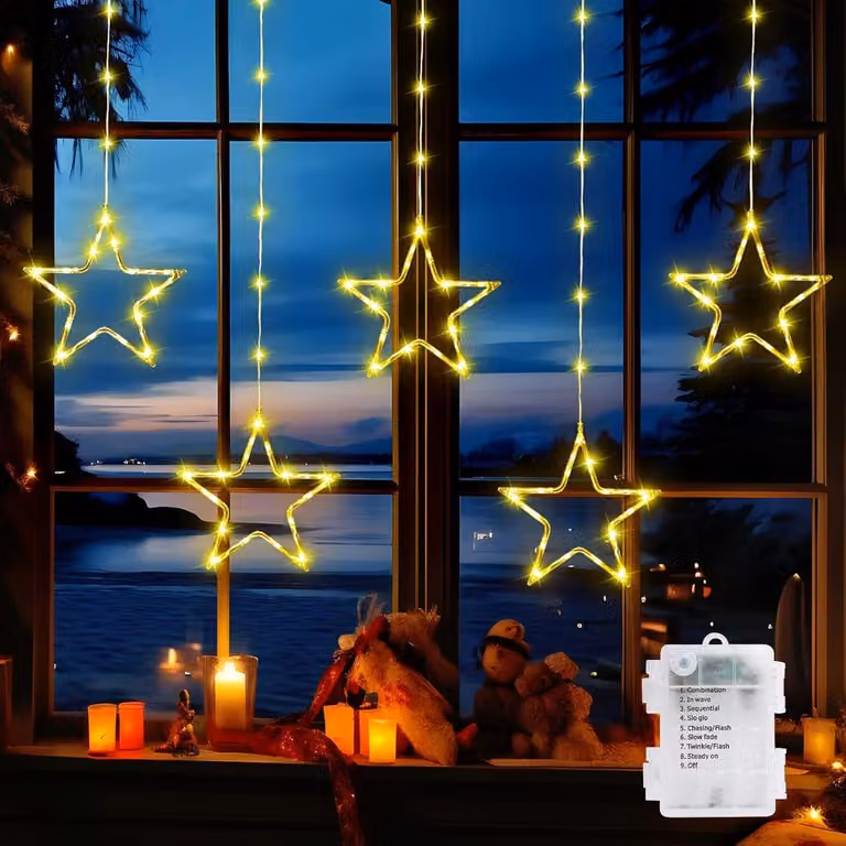 Decorazione per finestre con 96 luci a LED a forma di stella, lunghezza 2,2 metri, luce bianca calda, grado di protezione IP65, con timer