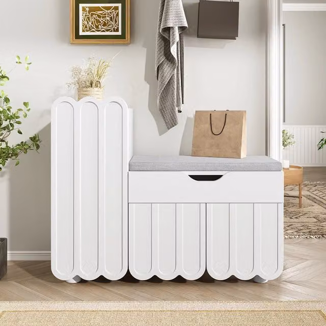 Armadietto porta scarpe moderno Xylo con 3 ante, cassetto e cuscino in tessuto, Bianco