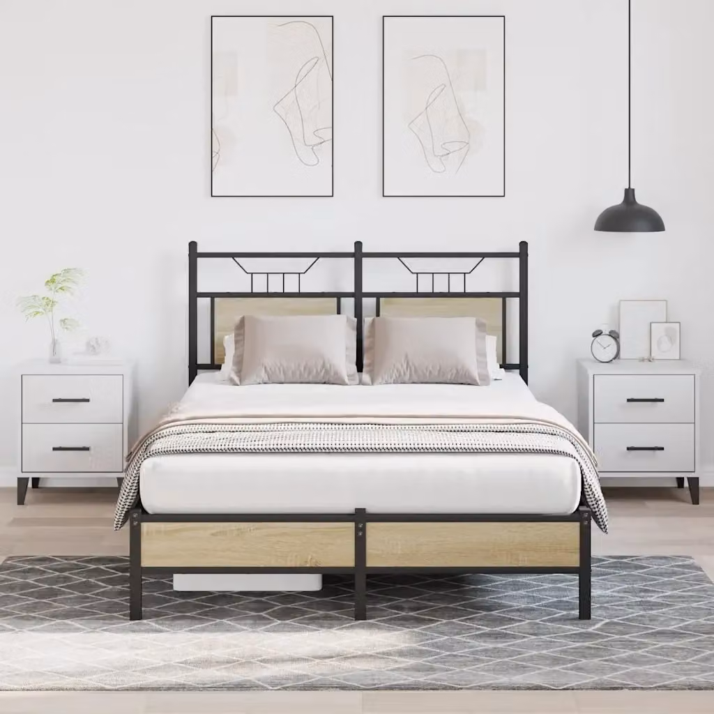 Letto matrimoniale moderno in legno e metallo color rovere con struttura in MDF, L/P/H: 120 x 200 x 91,5 cm – 2