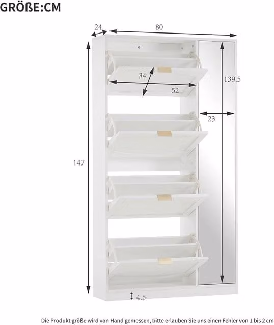Armoire ?? chaussures - Xylo - 80x24x147cm - Blanche - Avec miroir et 4 compartiments