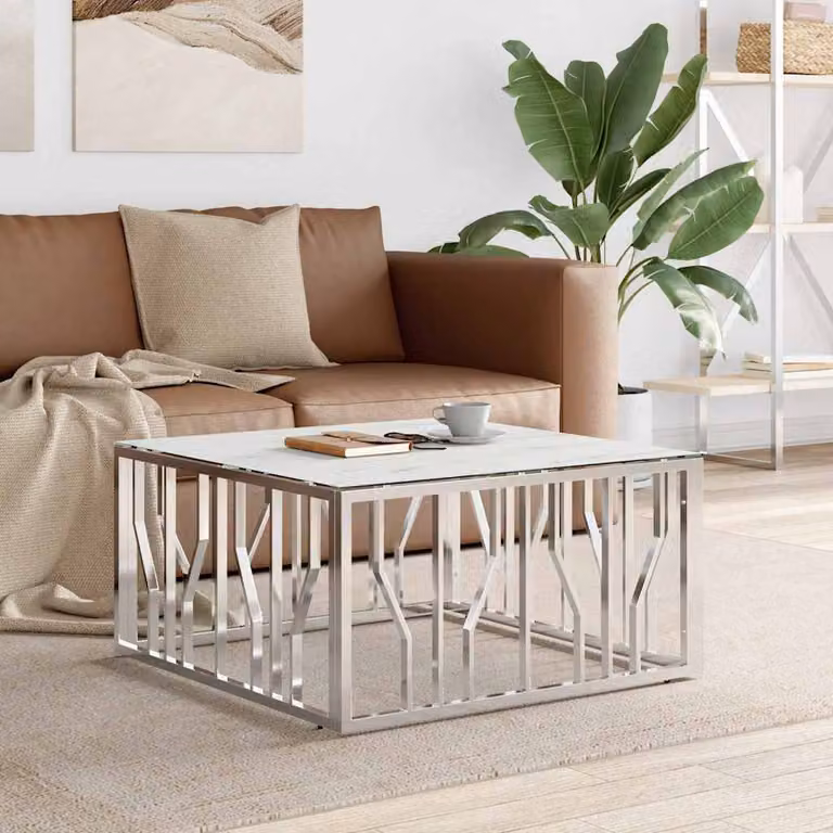 vidaXL Tavolino da Salotto Moderno Quadrato in Vetro e Metallo Argento e Bianco L/P/H: 80 x 80 x 40 cm