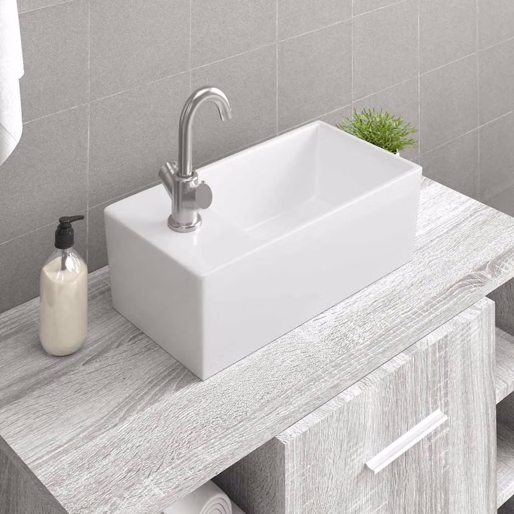 Lavandino da appoggio vidaXL in ceramica bianca, rettangolare, L 48 cm x P 25 cm x H 15 cm