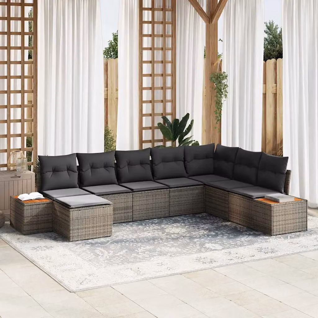 vidaXL Set Divano da Giardino a L in Polyrattan Grigio con 9 Pezzi e Cuscini – 1