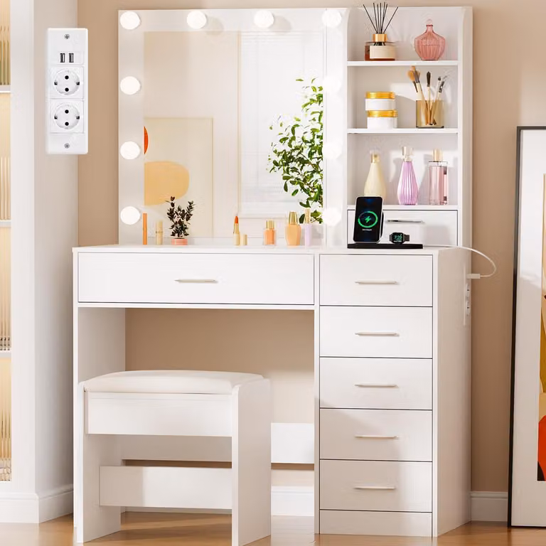 Comò da trucco con specchio e illuminazione, 7 cassetti, presa di corrente, bianco