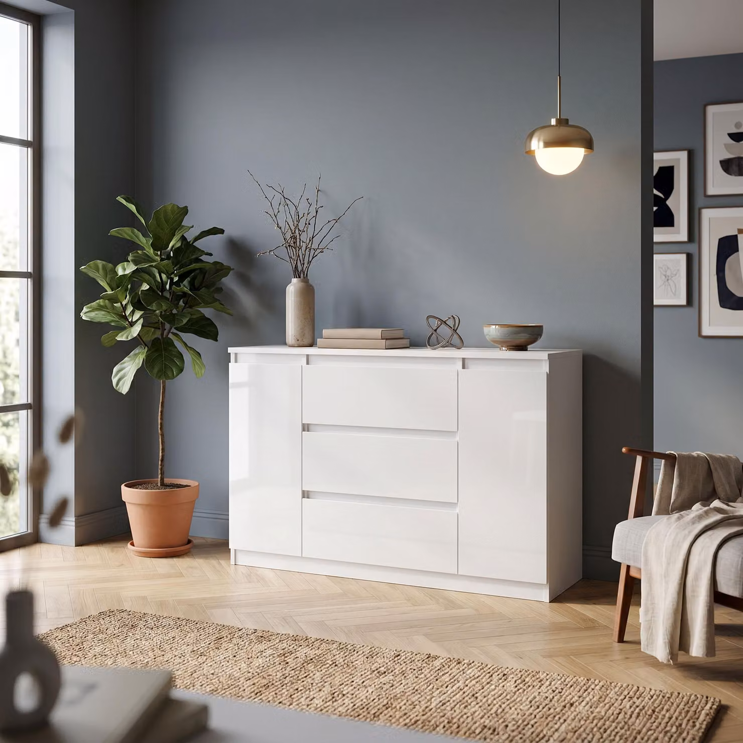 Comodà Masseno NUDO da 120 cm con 3 cassetti e 2 ante per soggiorno e camera da letto, stile moderno, 120x39x78,5 cm, bianco / bianco