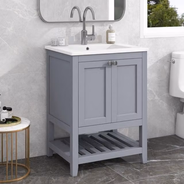 Mobile bagno con lavabo singolo e sottolavabo, 60 cm, con lavandino in ceramica, grigio chiaro