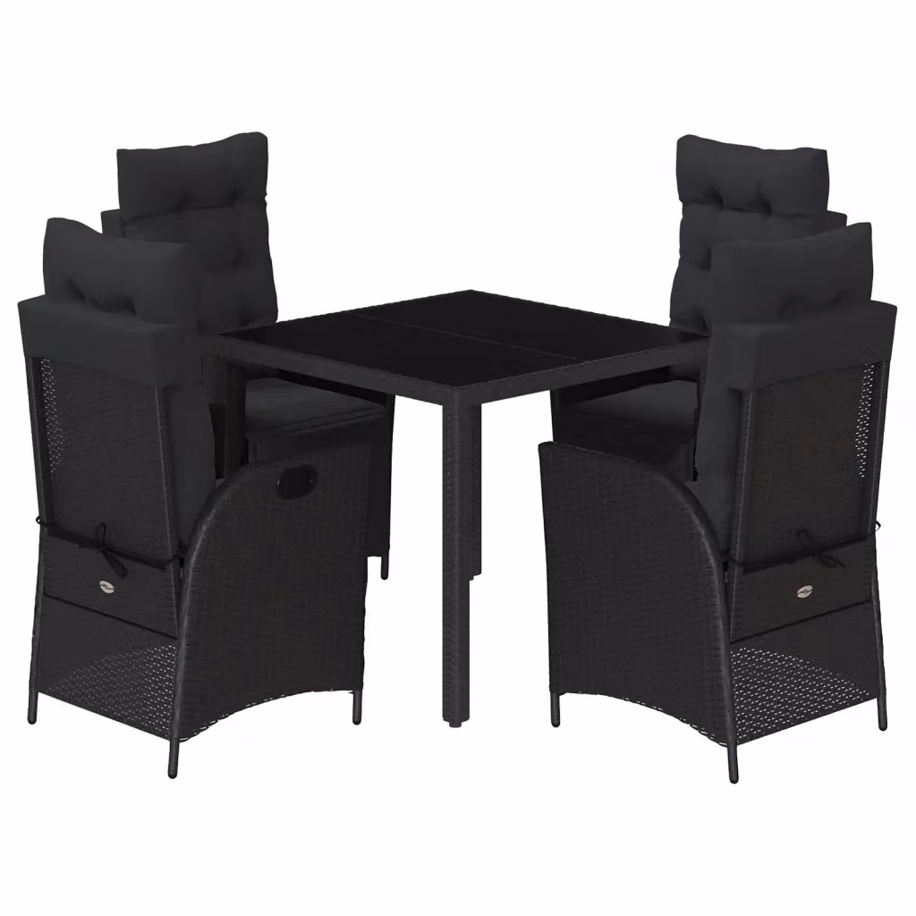 Set da Pranzo da Giardino vidaXL 5 pz in Polyrattan Nero con Cuscini e Tavolo in Vetro – 2