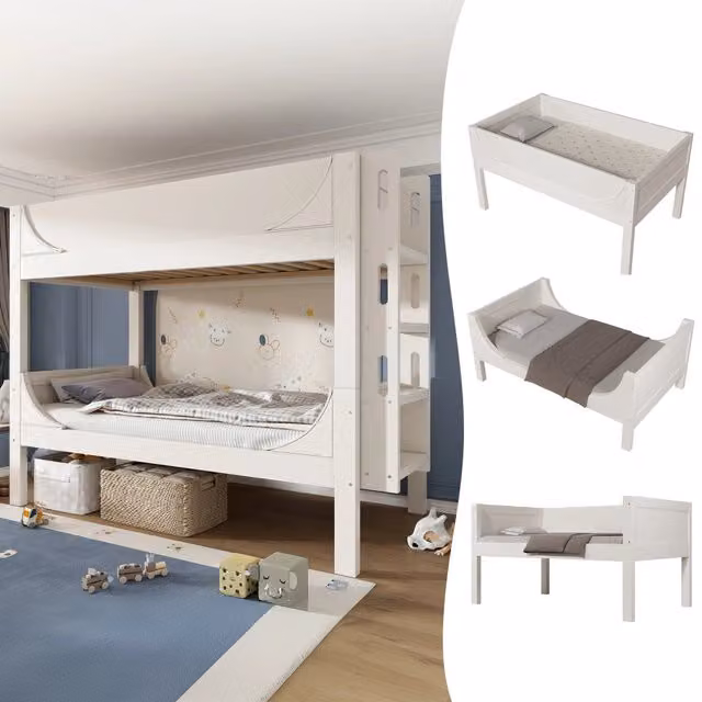Letto a Castello 90x200 Bianco in Legno Massello; Separabile in Due Letti Singoli; Scala Flessibile