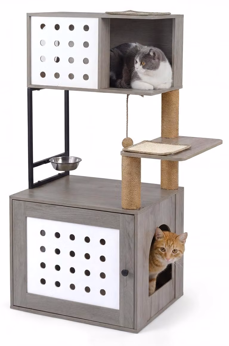 FANTASK: Albero per gatti multistrato, mobiletto per gatti in legno con dispenser per cibo, rivestito in sisal