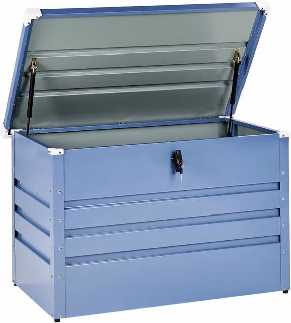 Cassapanca da esterno Beliani in metallo blu opaco stile industriale L: 100 cm, P: 62 cm, H: 64 cm