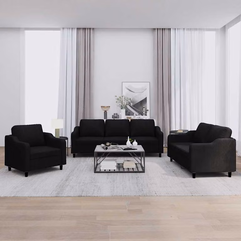 Set di divani 3 pezzi vidaXL in tessuto nero con cuscini per soggiorno moderno