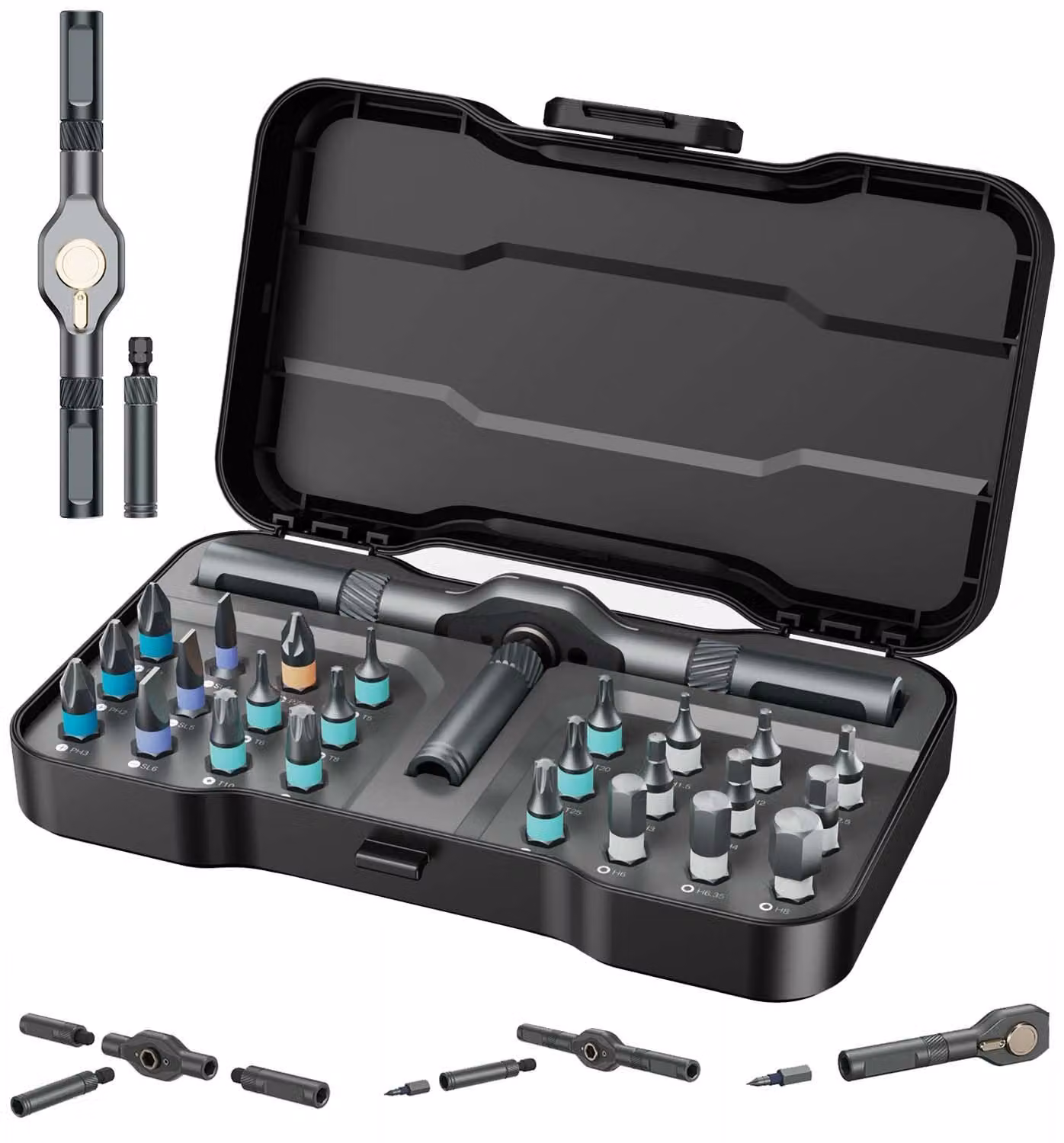 Set di cacciaviti 24 in 1 - Magnetici - Con meccanismo a ratrapaggio - Portatile - Utensile multifunzione - Ideale per progetti fai-da-te - Cacciaviti