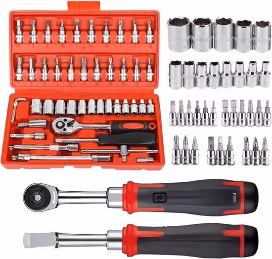 Set di chiavi a bussola con inserti e prolunghe - Kit di attrezzi per la riparazione auto - Set da 46 pezzi - Metallo - Universale