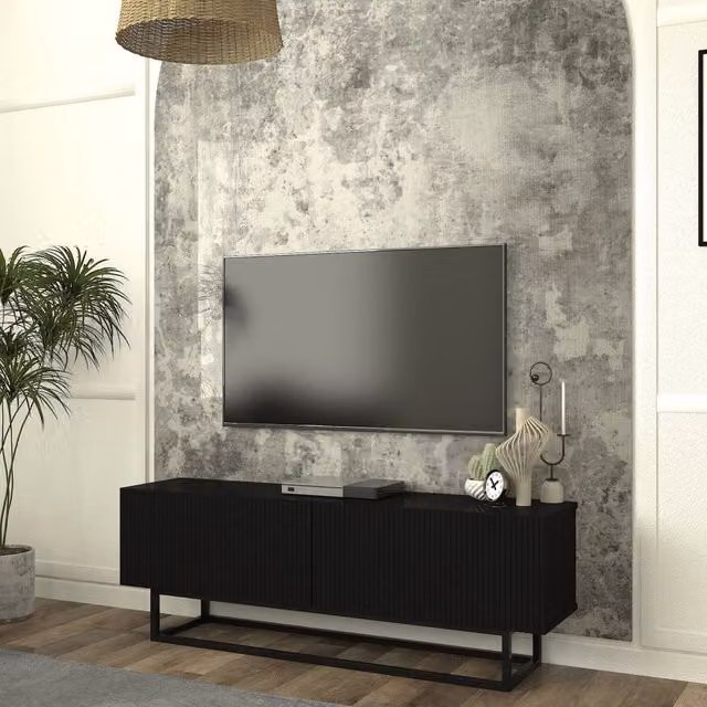 Mobile Porta TV Verpsboga en.casa con 2 Ante Decorative e Telaio in Metallo, Nero, L: 135 cm, P: 31,5 cm, H: 46,5 cm