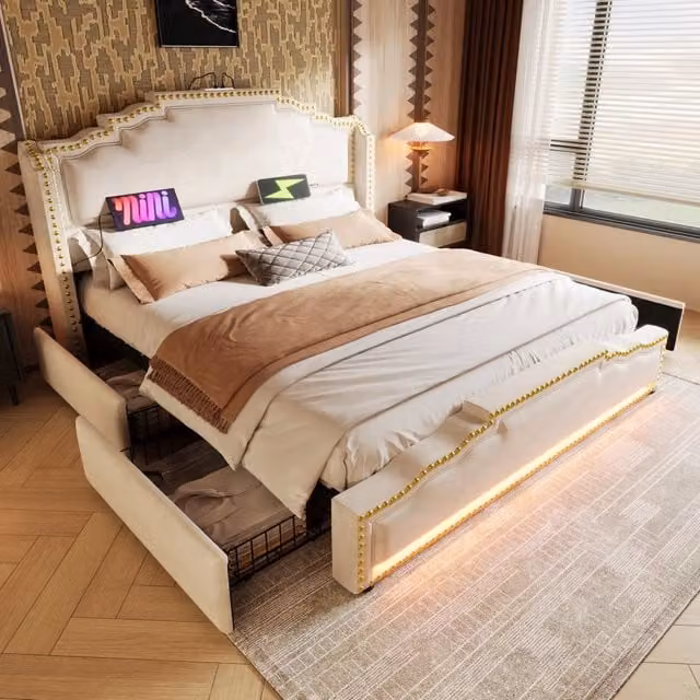 Letto contenitore matrimoniale in velluto beige con illuminazione LED e porte USB e Type-C, L/P: 160 x 200 cm