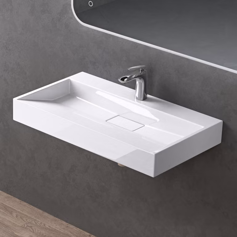 doporro Lavabo da Appoggio Bagno Sospeso Lavandino Rettangolare in Marmoresina con Piletta di Scarico Inclusa Colossum19, 70x46x11 cm Bianco Lucido Monoforo