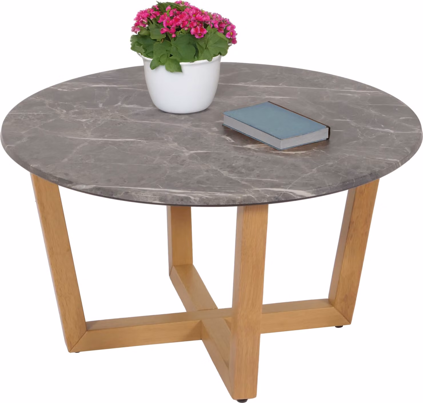 Tavolino da salotto HWC-M61, tavolino da salotto, legno massello, HDF, laminato, melamina, Ø 80 cm, effetto marmo/pietra, struttura chiara