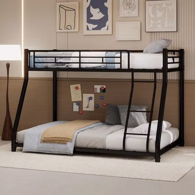Letto a castello 90 × 190 cm e 140 × 190 cm con scala, parapetti alti, senza materasso, in metallo nero