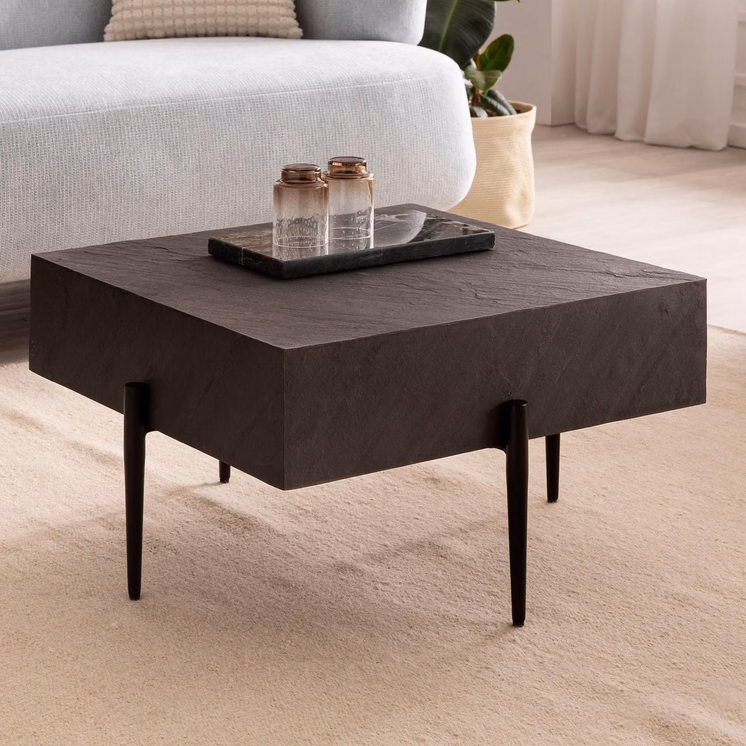 FineBuy tavolino 64x64x35 cm look pietra / metallo tavolino da divano antracite design quadrato tavolo da salotto tavolino solido tavolo da salotto moderno