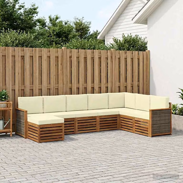 vidaXL Set di divani da esterno a L composto da 8 pezzi in legno di acacia con cuscini, colore naturale e crema