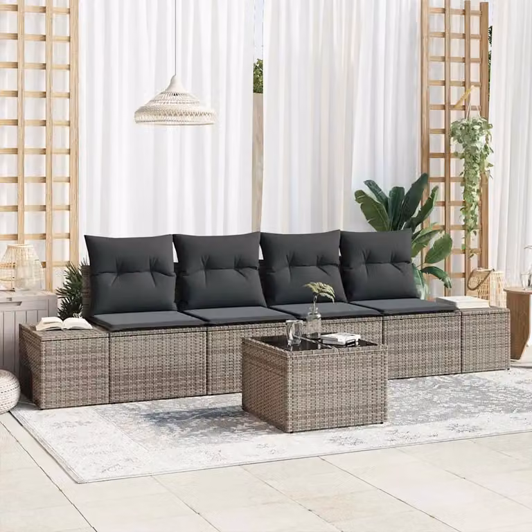 Set di mobili da giardino vidaXL composto da 5 pezzi in rattan grigio con cuscini e tavolino da esterno