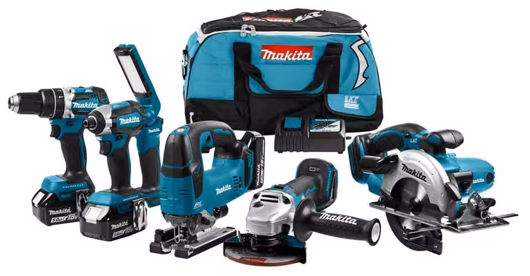 Utensile combinato Makita da 18 volt: funzioni di perforazione (a percussione), avvitatura (a impatto), segatura e levigatura