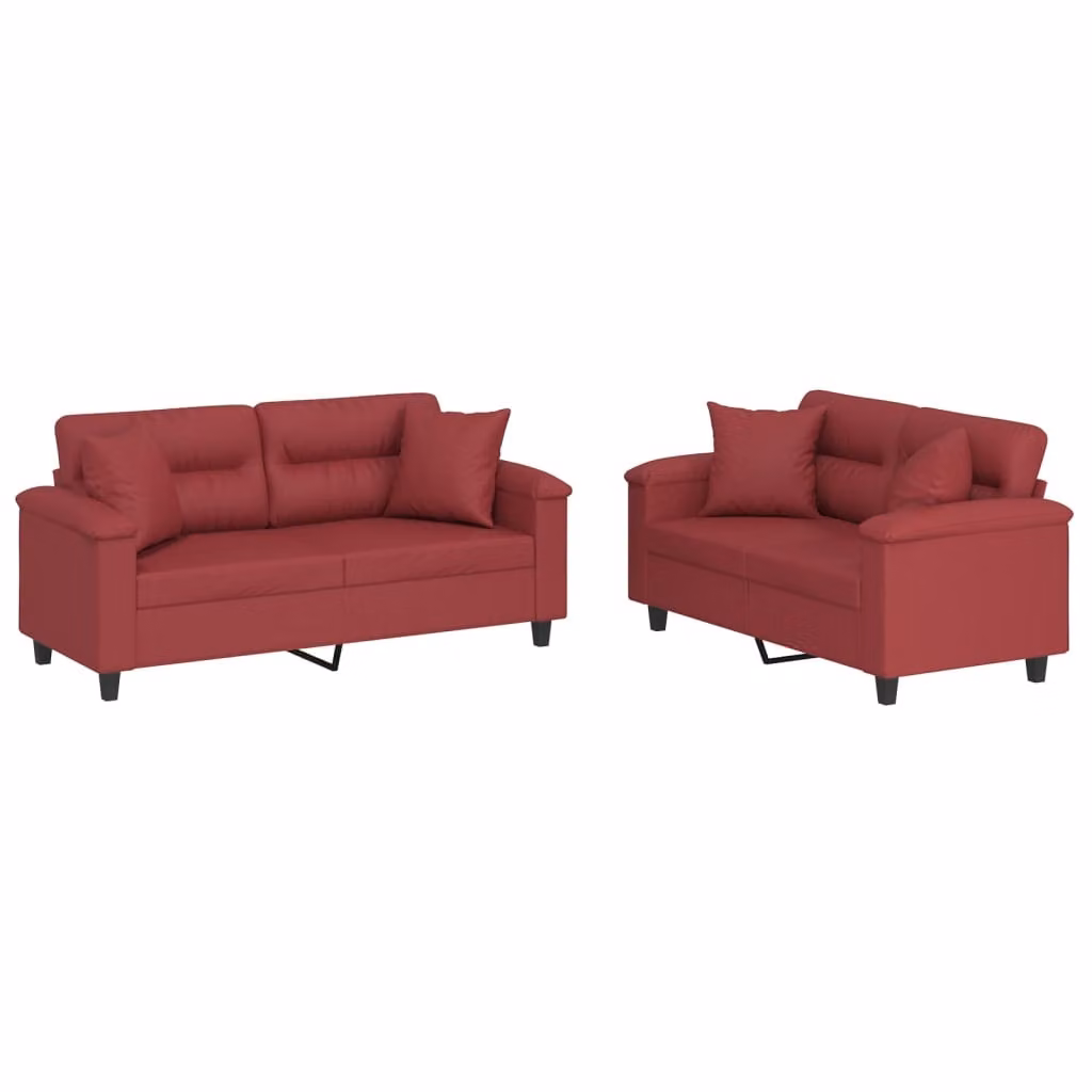 Set di Divani 2 pz con Cuscini Rosso Vino in Pelle finta