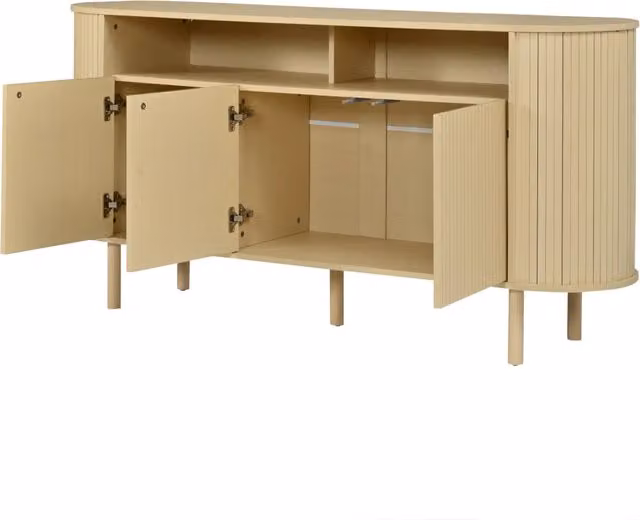 Sideboard 160×40×78,5 cm in legno naturale con 3 ante ondulate e ripiani aperti, struttura in truciolare, gambe in legno massello, carico max 75 kg