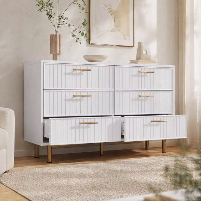 Cassettiera REDOM con 6 cassetti bianca e base in metallo oro L: 120 cm, P: 40 cm, H: 75 cm