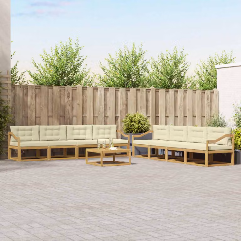 Set di divani da esterno vidaXL a forma di U composto da 9 pezzi con tavolino da caffè, in legno di acacia e tessuto bianco e beige