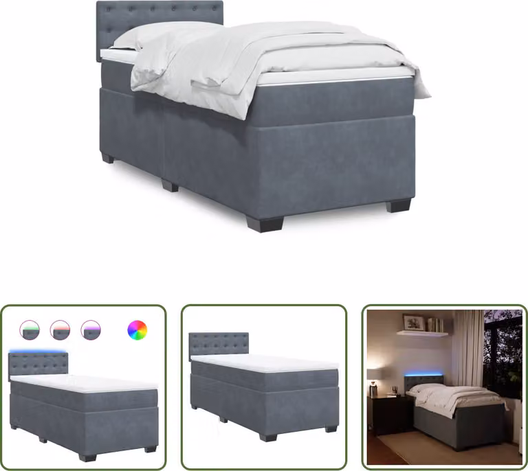 The Living Store Letto a molle con materasso grigio scuro 100x200 cm in velluto