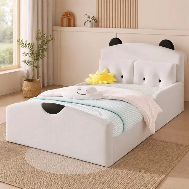 Letto matrimoniale imbottito 140 × 200 cm, testiera a orsetto e 2 cuscini, senza materasso, lino bianco