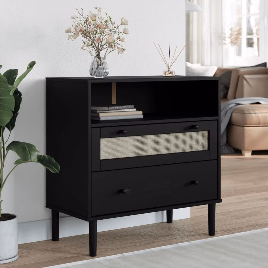 Credenza vidaXL SENJA in legno di pino massello con aspetto rattan, colore nero, L 80 cm x P 40 cm x H 80 cm