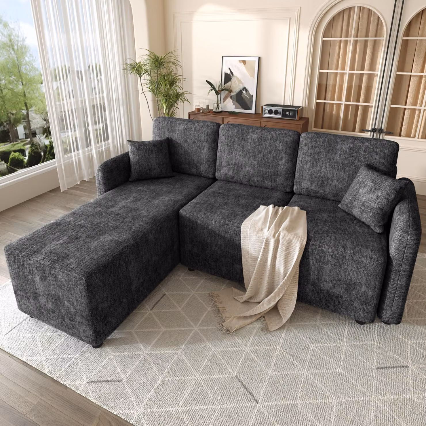 Divano angolare a forma di L, 3 posti, dimensioni 187,5x144x85,5 cm, divano angolare con ampia superficie di seduta, rivestito in tessuto tipo chenille, completo di 2 cuscini, ideale per il soggiorno