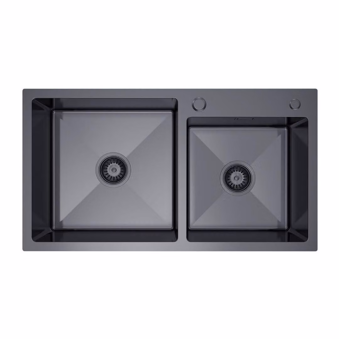 VBChome Lavello da cucina 78×45 cm in acciaio inossidabile color grafite – Lavello a doppia vasca, profondità 21 cm, mobile sottolavello minimo 80 cm