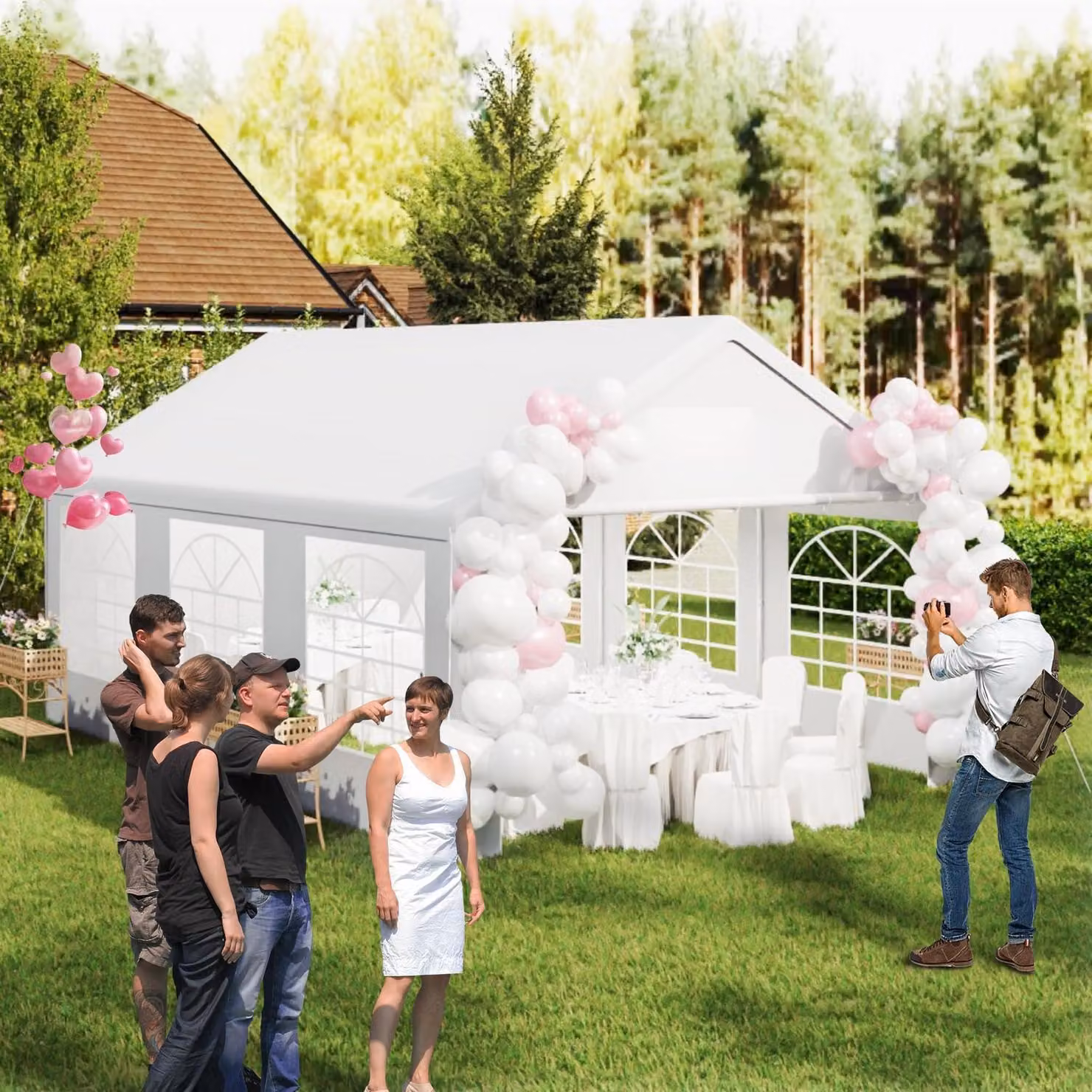 Tenda da festa 4x6 metri, bianca, impermeabile, resistente ai raggi UV, struttura in acciaio, 8 pareti laterali con finestre