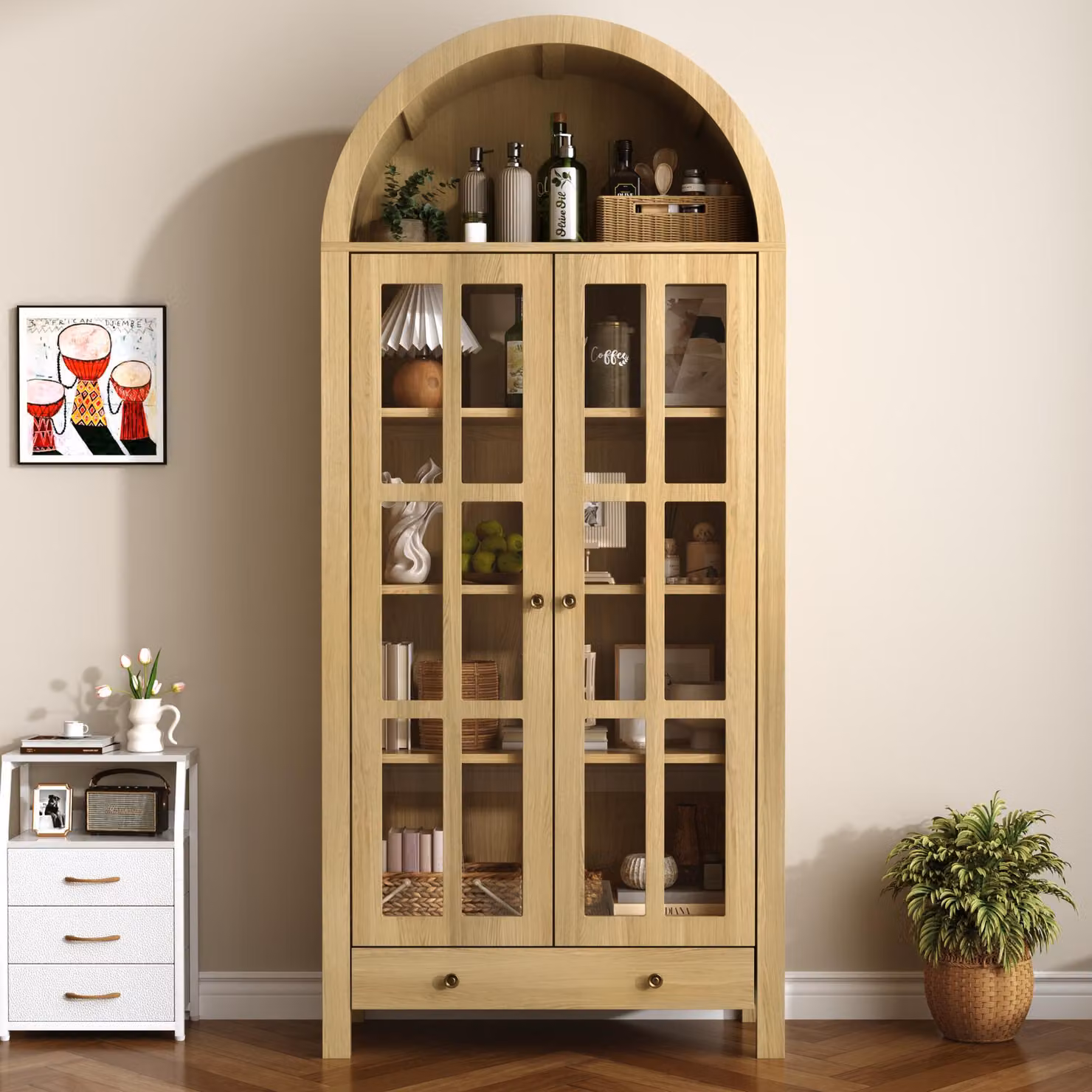 Mobiletto alto curvo con ripiani multipli e cassetto, mobili alti con ripiani regolabili in altezza, credenza, stile naturale