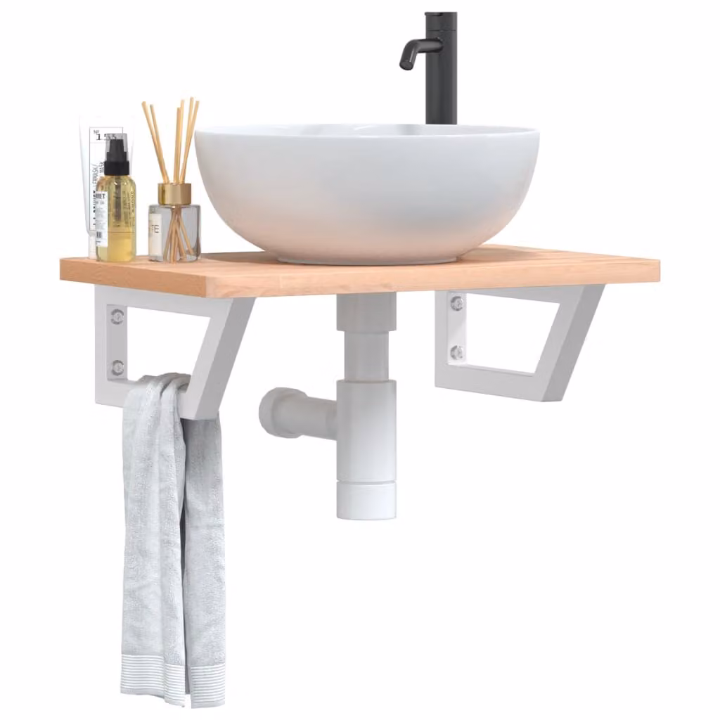 vidaXL Ripiano a Parete per Lavabo in Acciaio e Faggio Naturale Bianco e Marrone L: 60 cm, P: 40 cm, H: 3 cm