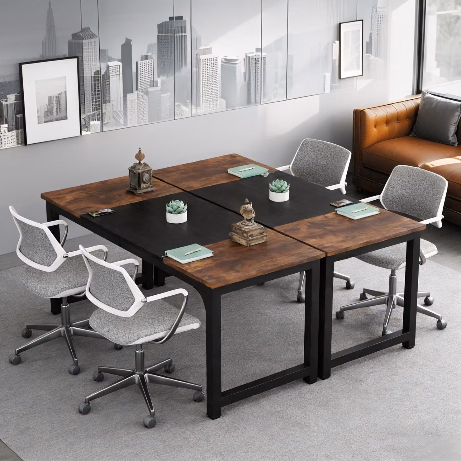 Scrivania 160 x 80 cm, confezione da 2, scrivania per computer con gambe in metallo, colore marrone scuro rustico