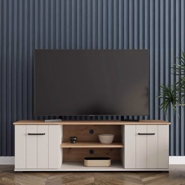 DMORA Mobile Porta TV Valda con 2 Ripiani, Colore Beige e Rovere, L 137 x P 40 x H 44 cm