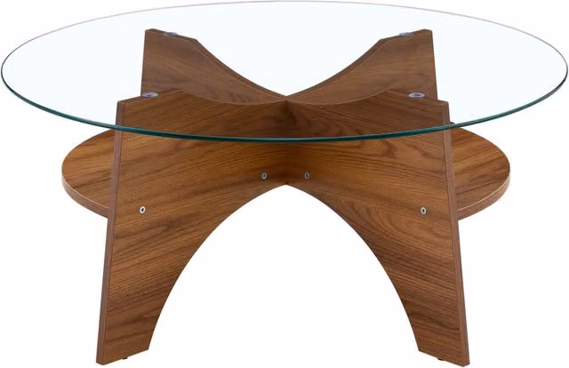 Tavolino rotondo moderno in vetro temperato Ø 80 cm con struttura a ventaglio in MDF effetto noce