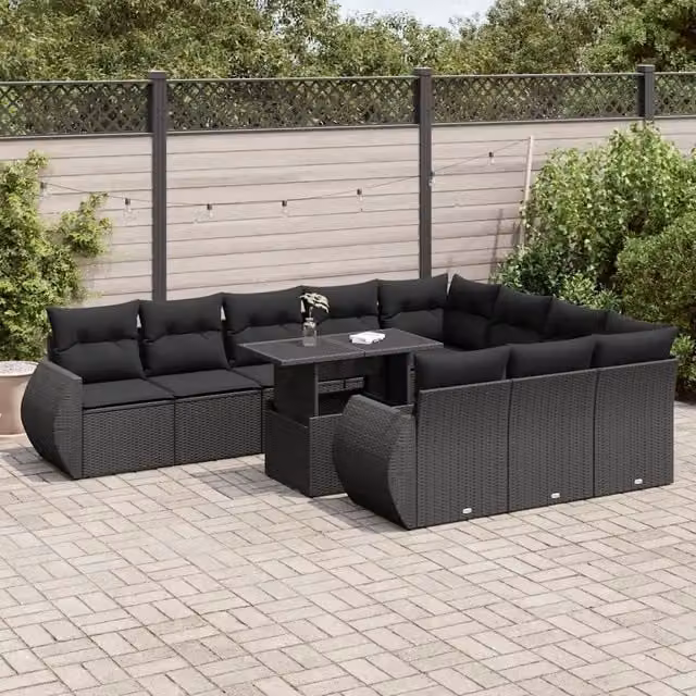 Set di divani da giardino a forma di U vidaXL in polyrattan nero con 11 pezzi e cuscini inclusi