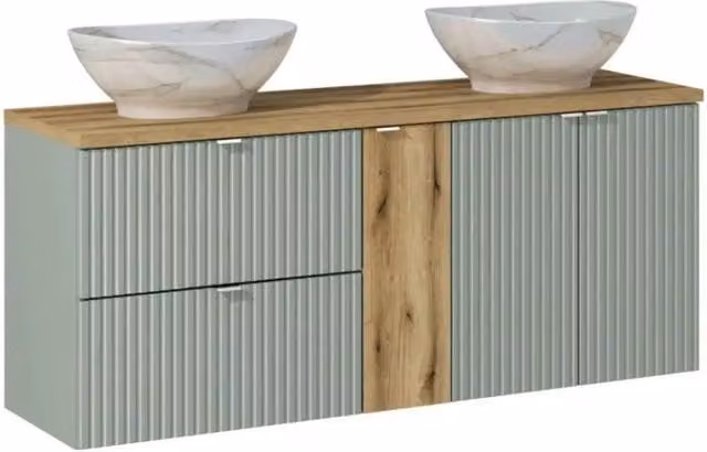 Set ELVINA 140cm: mobili sotto lavabo con cassetti e armadietti + piano per lavabo + due lavabi da appoggio marmorizzati