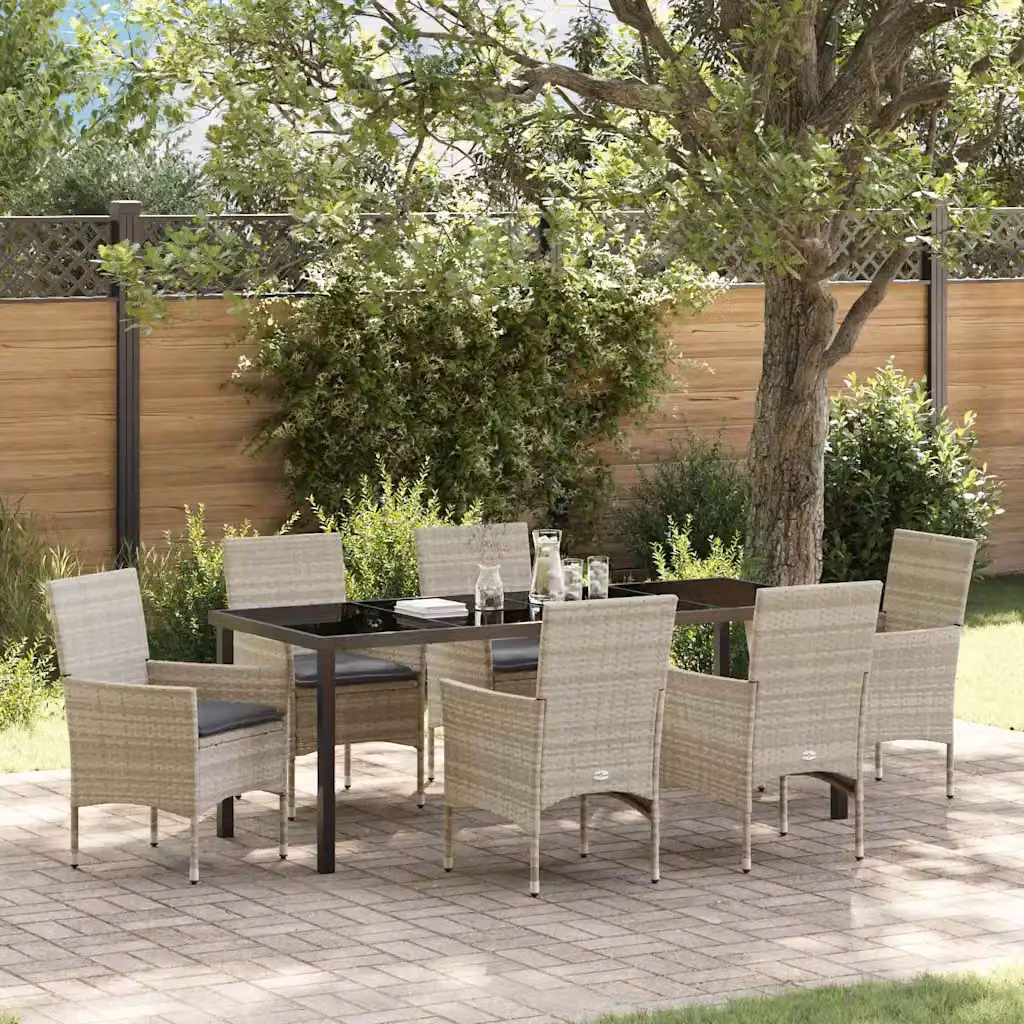 Set da pranzo per giardino e terrazzo vidaXL in polyrattan e vetro, 7 pezzi, grigio